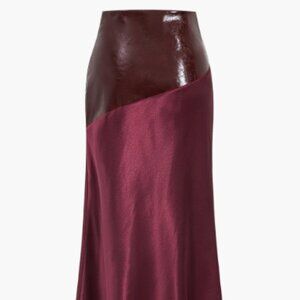 Satin Patchwork Faux Leather Asymmetrical Skirt